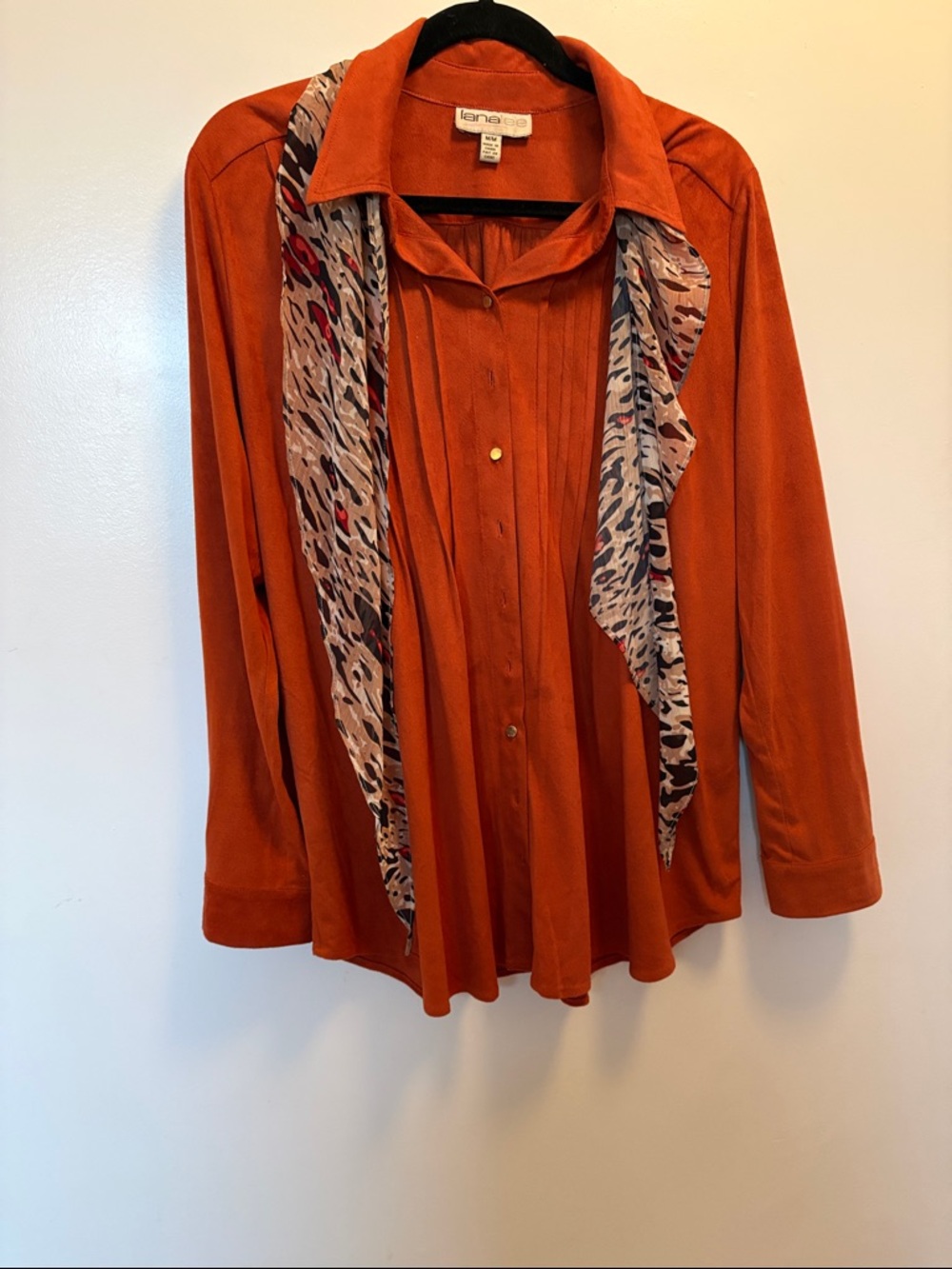 Women's Burnt Orange Button-Front Top with Scarf Detail